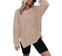 YCHUCH Chandail en tricot gaufré d'automne pour femmes, col rond, manches longues, fentes latérales, chandail surdimensionné pour femmes, kaki, XL