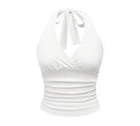 YCHUCH Haut court froncé dos nu pour femme - Col en V - Sans manches - Caraco ajusté - Dos nu - Débardeur pour femme - Coupe ajustée, blanc, M