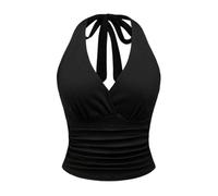 YCHUCH Haut court froncé dos nu pour femme - Col en V - Sans manches - Caraco ajusté - Dos nu - Débardeur pour femme - Coupe ajustée, Noir , M