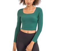 YCHUCH Haut court pour femme, col carré, manches longues, extensible, haut d'entraînement, décontracté, coupe ajustée, soutien-gorge intégré, double doublure, t-shirt ajusté