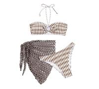 YCHUCH Maillot de bain bandeau 3 pièces pour femme avec jupe cache-cœur en filet avec nœud dans le dos nu en tissu doux, café, L