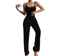 YCHUCH Pyjama d'été sans manches pour femme - Ensemble de pyjama en tricot côtelé - Débardeurs et pantalons longs - Vêtements de nuit - Débardeur sans manches et pantalon large, Noir , L