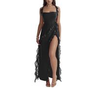 YCHUCH Robe longue moulante sans manches à coupe basse et dos nu avec ruban à volants sur le côté, fente haute, pour cocktail, fête, Noir , M