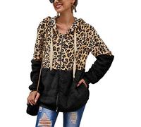 YCHUCH Sweat à capuche d'hiver à manches longues pour femme, motif léopard, patchwork, cardigan en peluche, fermeture éclair sur le devant, manteau d'extérieur ample avec poches, veste à capuche en