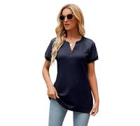 YCHUCH T-shirt d'été en dentelle raglan à manches courtes pour femme - Col en V fendu - Tricot gaufré - Couleur unie - Coupe ample - Tunique décontractée à manches courtes pour femme, bleu marine, XXL
