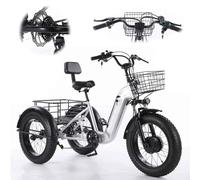 YCNLYSSR Tricycle Adulte 7 Vitesses (siège Plus Large), vélo Cruiser à Roues de 20 Pouces, Batterie Amovible intégrée 48 V/12 Ah avec antivol, vélo à 3 Roues à Gros pneus + Panier Cargo