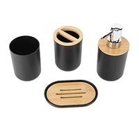 Yctze 4pcs Ensemble d'accessoires de Salle de Bain en Bambou - Support de Brosse à Dents, Plat de Savon, Distributeur de Lotion et Tasse de Rince-Bouche pour la Maison et l'hôtel (Black)