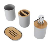 Yctze 4pcs Ensemble d'accessoires de Salle de Bain en Bambou - Support de Brosse à Dents, Plat de Savon, Distributeur de Lotion et Tasse de Rince-Bouche pour la Maison et l'hôtel (Grey)