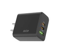 Yctze Bloc de Chargeur Rapide USB C Double Type C 40W, Chargeur Mural GaN à 3 Ports avec PD et QC, Cube de Chargement Portable pour Téléphone Tablette Ordinateur Portable (Black)