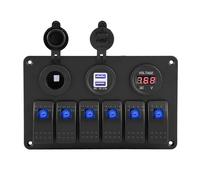 Yctze pour tableau electrique bateau 12V 24V 6 Gang Voiture Bateau LED Interrupteur À Bascule Panneau Double USB Voltmètre Allume-cigare Bleu tableau de controle camping car tableau électrique 12v in