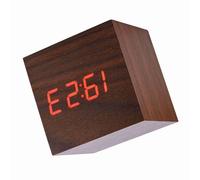 Yctze Réveil Numérique en Bois 6 X 6 X 6 Cm, Affichage LED, Température, Commande Vocale, Instrument d'avion, Design Cube Minimaliste, Fonctionne sur Piles (Bois Brun +