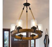 YCVAWEOD Lustre en Roue de Chariot, Lustre en Bois Rustique avec Abat-Jour en Verre, Rond de Ferme pour entrée de Salle à Manger LWX