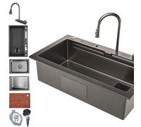 YCVAWEOD Poste de Travail d'évier de Cuisine en Cascade supérieure, lavabo à Barre de Bol Simple en Acier Inoxydable avec Robinet à Traction, laveuse en Tasse et Ensemble d'accessoires complets,