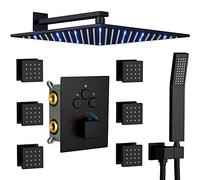 YCVAWEOD Système de Douche Tête Matte Black Jets Sprays Pluie thermostatique Pluie du Robinet de Salle de Bain LED 12 Pouces avec Jets de Corps complets et Support Mural à Main LWX