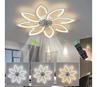 ycwdcz 78CM Lustre Plafonnier avec Minuterie Chambre Fleurs Dimmable Lustre Ventilateur De Plafond LED avec Telecommande Moteur DC 6 Vitesses Réversible Ventilateur Silencieux Plafond-White||90CM