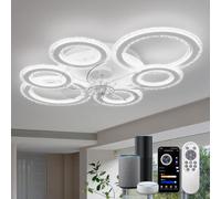ycwdcz Plafonnier Ventilateur Intelligent, Lustre Ventilateur LED Dimmable, Design 6 Anneaux, Contrôle Alexa & App via Bluetooth (Sans WiFi), avec Télécommande pour Salon et Chambre, Blanc