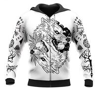 YCYR Norse Viking Fenrir Wolf Tatouages Impression 3D Sweat a Capuche Zippé, Loup Celtique Unisexe Axe Mode Sweat-Shirt Décontracté,Zipper,M