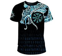YCYR T-Shirt Tattoo Imprimé en 3D, Viking pour Homme Mythologie Celtique Dragon Rune Helm of Awe, Summer O-Neck Daily Streetwear Short Sleeve.,Bleu,S