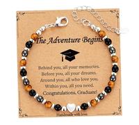 YCYUYK Bracelet souvenir de remise de diplôme pour elle, bijou à breloques en forme de cœur en cristal argenté, bracelet réglable en perles œil de tigre, carte de vœux pour un nouveau départ