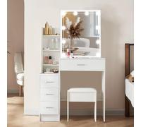 YD55 Meuble de maquillage avec miroir lumineux et tabouret 4 tiroirs 6 étagères Meuble de chambre à coucher Coiffeuse élégante 83 x 36 x 140 cm Parfait pour les filles et les femmes