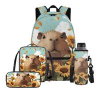YDFISH Capybara Sac à dos tournesol pour enfants de 7 à 8 ans, 8 à 9 ans, grand sac à livres avec boîte à déjeuner, sac fourre-tout, trousse à crayons, porte-bouteille d'eau, ensemble de 4 sacs