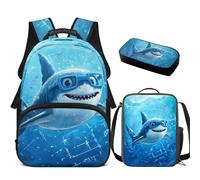 YDFISH Ensemble sac à dos et boîte à déjeuner pour garçons, sac à dos d'école, sac d'école primaire pour l'école primaire, Requin de dessin animé.
