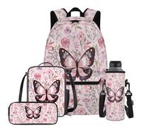 YDFISH Sac à dos d'école pour adolescentes, filles, enfants, sac à livres et boîte à déjeuner ensemble de 4 pièces, sac à dos d'école, sac à dos décontracté, Papillon rose floral