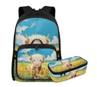 YDFISH Sac à dos d'école pour filles de 6 à 8 ans, 8 à 10 ans, sac à dos avec boîte à déjeuner, sac d'école primaire 3 pièces pour enfants, Jolie vache Highland
