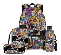 YDFISH Sac à dos pour enfants avec boîte à déjeuner mignon pour filles de 10 à 12 ans, sac d'école léger pour ordinateur portable, Colibri Boho Fleur