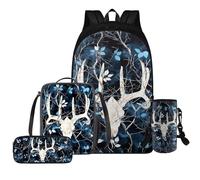 YDFISH Sac à dos pour filles de 10 à 12 ans, sac à livres pour filles avec boîte à déjeuner, sac d'école pour école primaire, Motif floral bleu élan