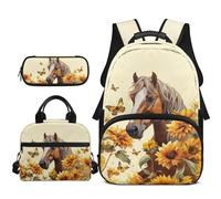 YDFISH Sac à dos pour filles de 8 à 10 ans avec boîte à déjeuner, trousse à crayons, sac à dos d'école primaire, sac à livres, cadeau, Cheval, tournesol, papillon, Medium