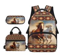 YDFISH Sac à dos pour filles de 8 à 10 ans avec boîte à déjeuner, trousse à crayons, sac à dos d'école primaire, sac à livres, cadeau, Cheval tribal aztèque, Medium