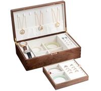 YDHSIKK Boîte de Rangement pour Bijoux, Coffret à Bijoux à 2 Niveaux for Femme en Noyer (12,48 x 7,44 x 3,78/5,28 Pouces) en Bois et Velours