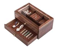 YDHSIKK Boîte de Rangement pour Bijoux, Coffret à Bijoux en Bois avec Couvercle en Verre et tiroirs for Colliers, bagues, Boucles d'oreilles et Bracelets, en Noyer, 2 Couches