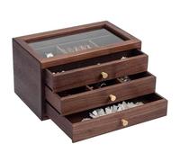 YDHSIKK Boîte de Rangement pour Bijoux, Coffret à Bijoux en Bois avec Couvercle en Verre, tiroirs de Rangement, Compartiments Multiples, 3 Couches, Couleur Noyer