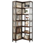 YDHSIKK Grand Coin étagère de Stockage Bibliothèque d'angle 7 Niveaux en Bois et métal, Style Rustique Marron, 60 x 60 x 200 cm, for Salon, Cuisine, Bureau