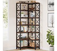 YDHSIKK Grand Coin étagère de Stockage Bibliothèque d'angle à 7 étagères, Marron/Gris, 59,9 x 59,9 x 200,7 cm, Cadre en métal, for Salon, Maison ou Bureau(Brown)