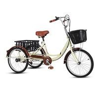 YDHSIKK vélo à Trois Roues Tricycle Adulte 20 Pouces, Cadre en Acier à Haute teneur en Carbone, avec Panier à provisions, pédales, Noir et Beige(Beige)