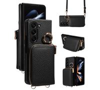 YDIJCYAN für Samsung Z Fold 6 Hülle, Case Leder Klapphülle Case Reißverschluss Stoßfest Schutzhülle Handy Hülle mit Kette Handyhülle für Samsung Z Fold 6 (Schwarz)
