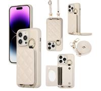 YDIJCYAN Handyhülle für iPhone 14 Pro Max Hülle mit Band+Ring+Schminkspiegel Stoßfest Handy Schutzhülle (weiß)