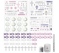 YDNURSCT 4 Motifs de Communion, Ensemble de Tatouages pour Bougies de Communion - 30 Décorations de Poisson (Blanc, Rose, Violet) et 10 Croix en Bois - 14x19 cm, Design Unique pour Moments Sacrés