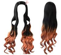 ydound Anime Coser Wig Kamado Nezuko Cosplay Perruque de Cosplay 37 Pouces bouclés bouclés Cheveux dégradés Orange avec Perruque Ruban Rose (Size : Nezuko)