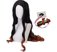 ydound Anime Coser Wig Kamado Nezuko Cosplay Perruque de Cosplay for Demon Slayer KIMETSU No Yaiba 37 Pouces Long Long Burly Black Orange Dégédient Dégétés avec Bambou+Cap