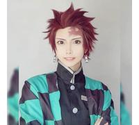 ydound Anime Coser Wig Perruque Anime Cosplay Demon Slayer Kamado Tanjirou, Perruques Brunes à Couches Courtes avec Bonnet de Perruque Gratuit, for Halloween, fête, Carnaval, Vie Nocturne