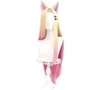 ydound Cosplay Wig Anime K/DA Ahri Cosplay Perruque Longue Ligne Droite Mélange Blonde Ombre Rose Femmes Filles avec Oreilles Épingles À Cheveux for Halloween Costume Jeu Partie Perruque