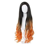 ydound Cosplay Wig Dégradé Nezuko Cosplay Perruques for Demon Slayer Kimetsu no Yaiba Anime Long Ombre Noir Orange Bouclés Perruques avec Cap