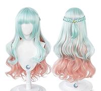 ydound Cosplay Wig Kuon Shinzaki Perruque High Rise Invasion Cosplay Perruque Longue Perruque Bouclée Bleue avec Frange Bleu Clair Rose Dégradé Ondulés Perruque Accessoires