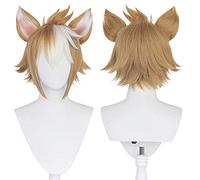 ydound Cosplay Wig Perruque Cosplay Gorou dégradé Blanc mélangé Orange for Jeu Genshin Impact Hommes Perruque Cosplay synthétique Courte avec Cornes