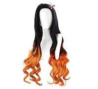 ydound Cosplay Wig Perruque de Cosplay for Demon Slayer, Perruque Anime, Perruque de Personnage de Perruque d'halloween for Femmes et Filles, Longue Perruque ondulée (Noir et Orange)