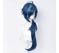 ydound Cosplay Wig Perruque Queue de Cheval Bleue for Kaeya Genshin Impact Jeu rôle Moelleux bouclés Anime Cosplay Perruques de Cheveux avec Queue de Cochon Frange + Casquette